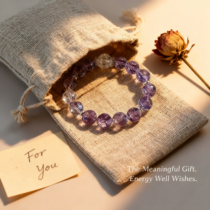 Quiet Luxury Silk Ribbon Bracelet with Faceted Amethyst & Clear Crystal Beads