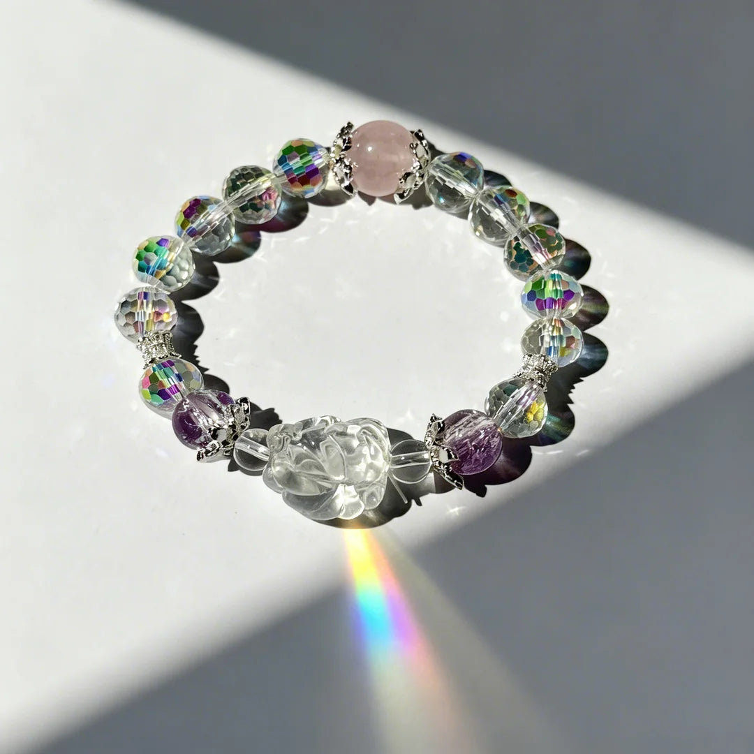 Rose Quartz & Clear Crystal Energy Bracelet with Floral Charm – Love & Clarity Healing Jewelry