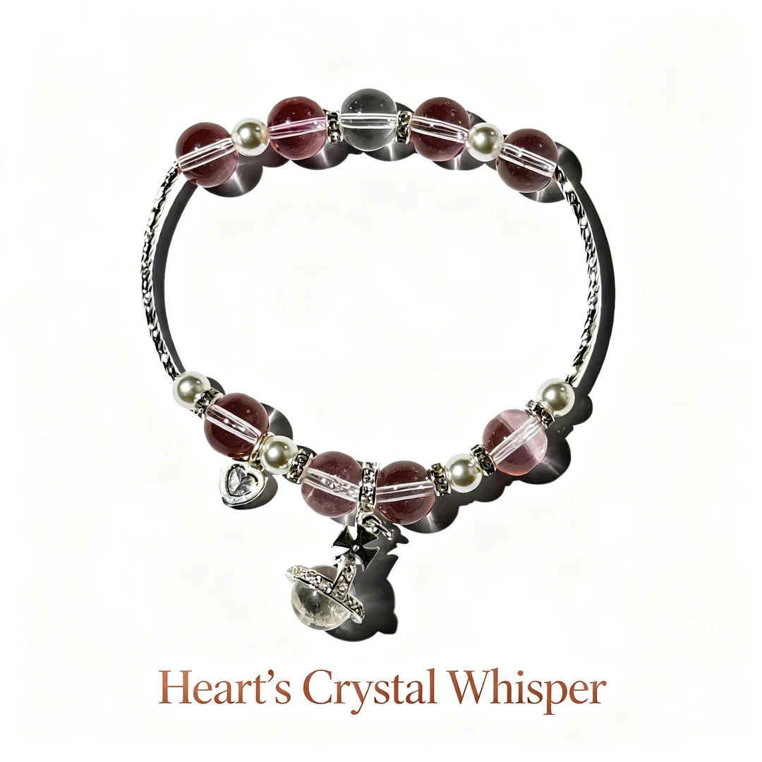Heart's Crystal Whisper Bracelet – Mixed Gemstone & Pearl Bangle with Silver-Tone Charms