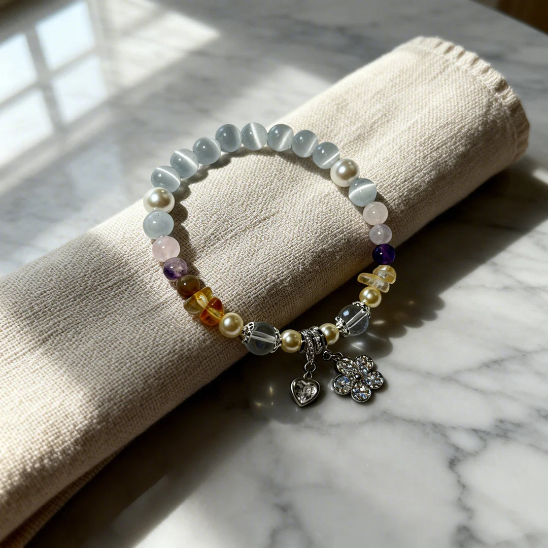 Radiant Cat’s Eye & Pearl Bracelet with CZ Flower Charm – Multi-Gemstone Stretch Bracelet