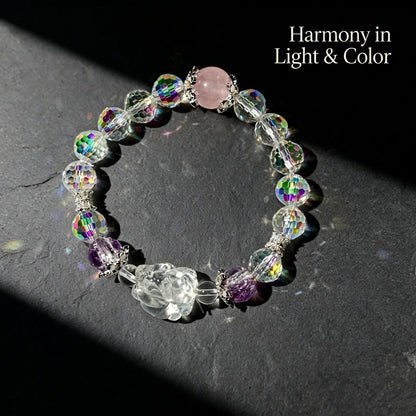 Rose Quartz & Clear Crystal Energy Bracelet with Floral Charm – Love & Clarity Healing Jewelry