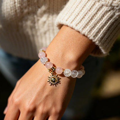Rose Quartz & Crackle Crystal Sun Charm Bracelet – Love & Energy Healing Jewelry