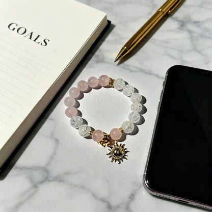Rose Quartz & Crackle Crystal Sun Charm Bracelet – Love & Energy Healing Jewelry