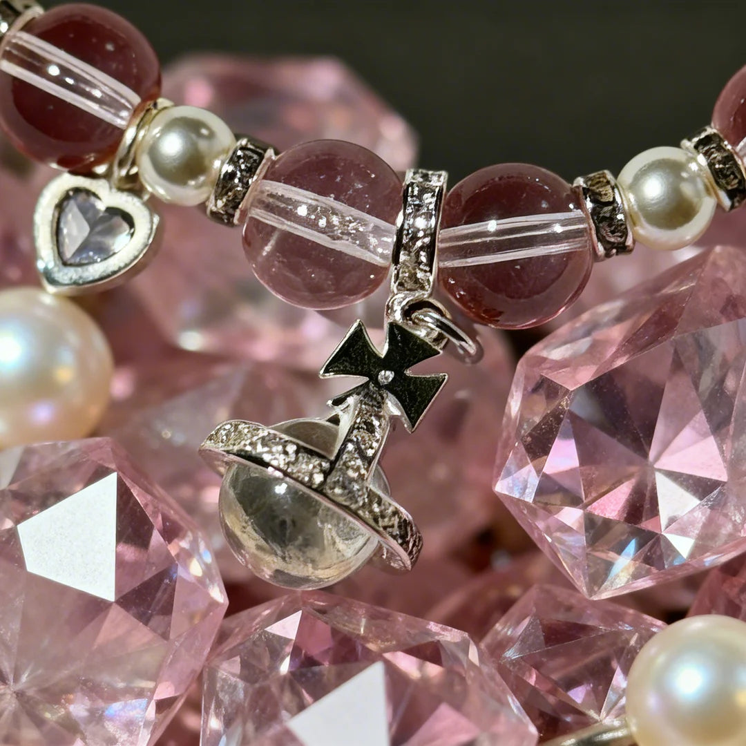 Heart's Crystal Whisper Bracelet – Mixed Gemstone & Pearl Bangle with Silver-Tone Charms