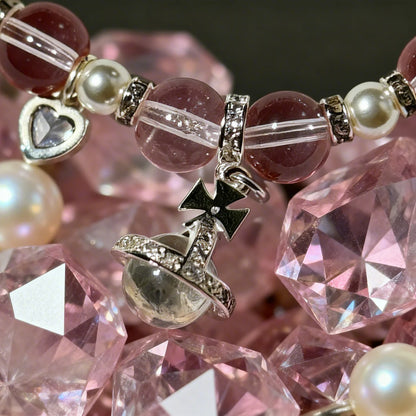 Heart's Crystal Whisper Bracelet – Mixed Gemstone & Pearl Bangle with Silver-Tone Charms