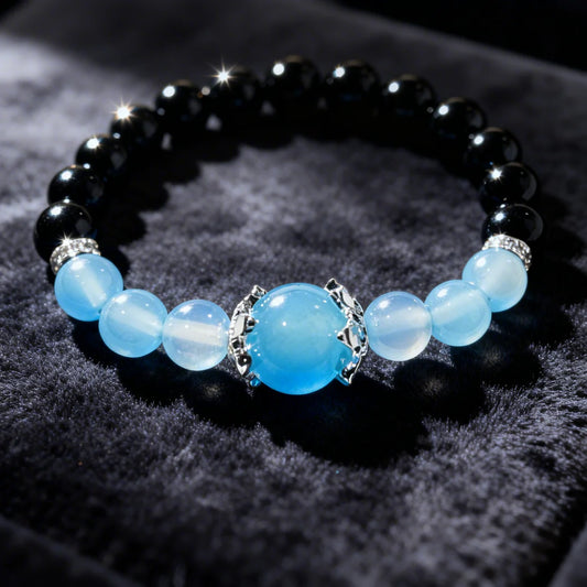 Black Obsidian & Blue Crystal Contrast Bracelet with Silver Accent – Bold Healing Jewelry