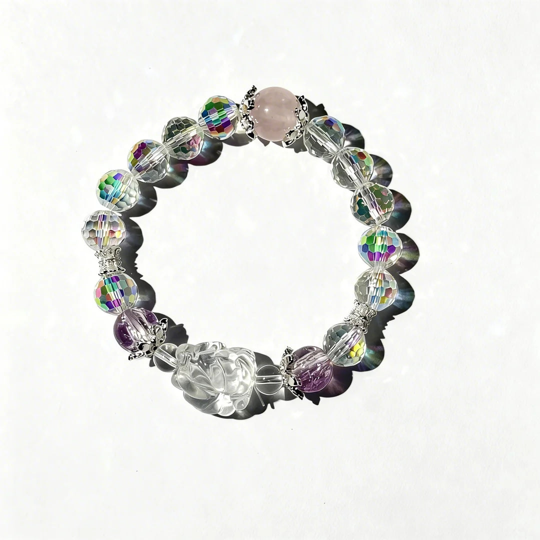 Rose Quartz & Clear Crystal Energy Bracelet with Floral Charm – Love & Clarity Healing Jewelry