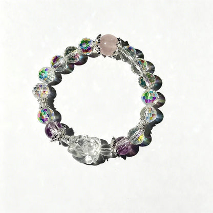 Rose Quartz & Clear Crystal Energy Bracelet with Floral Charm – Love & Clarity Healing Jewelry